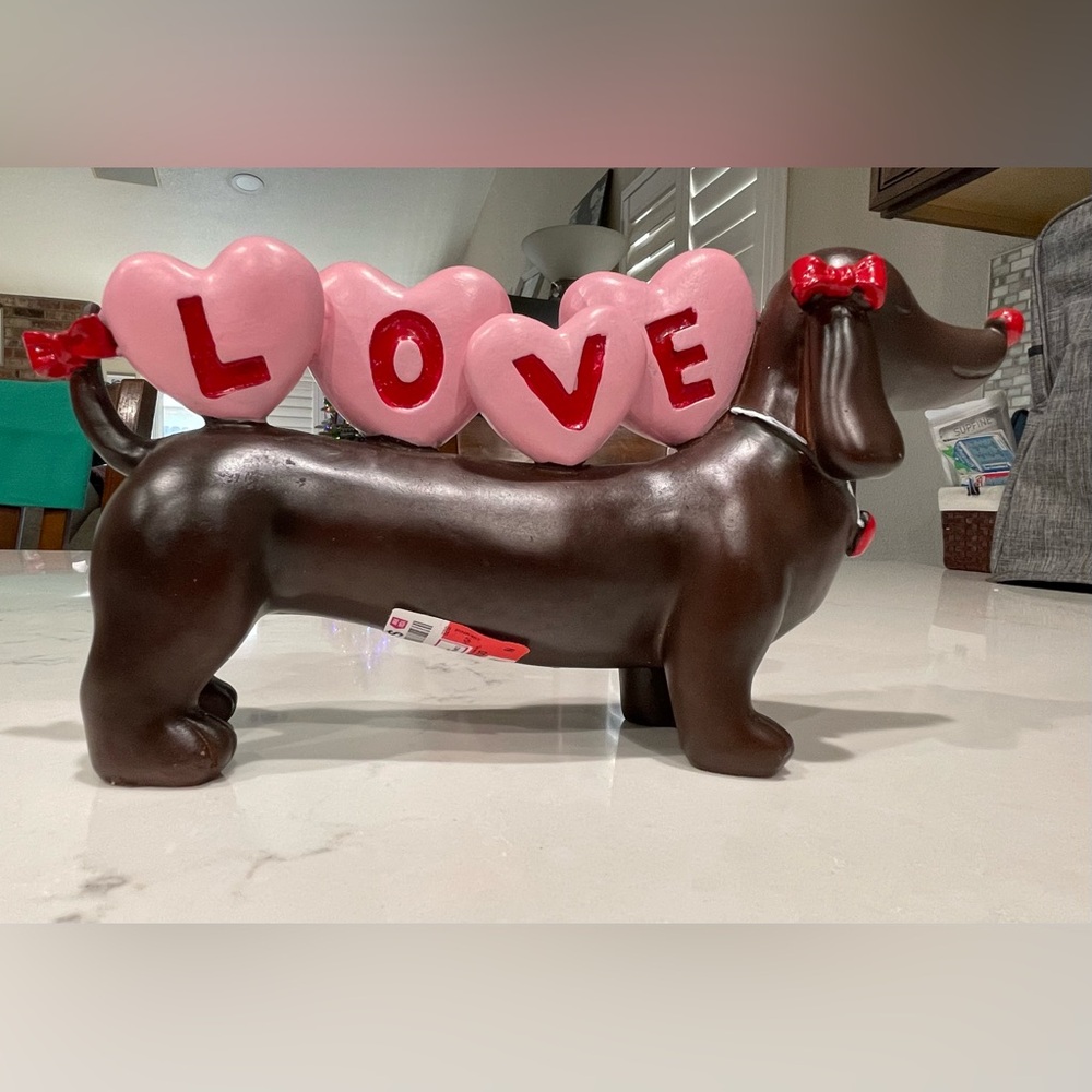 Valentine Dachshund - Brown and Pink Dog Figurine with Love Hearts